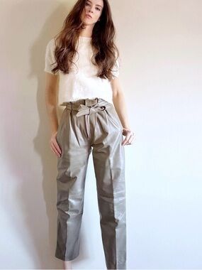 Vintage, Leather High-Waist Paperbag Straight Leg Pants